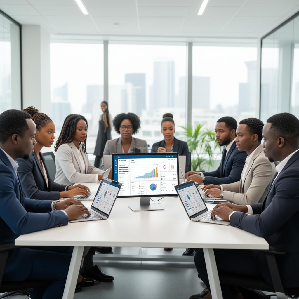 Professionnels en bureau moderne utilisant des outils numériques